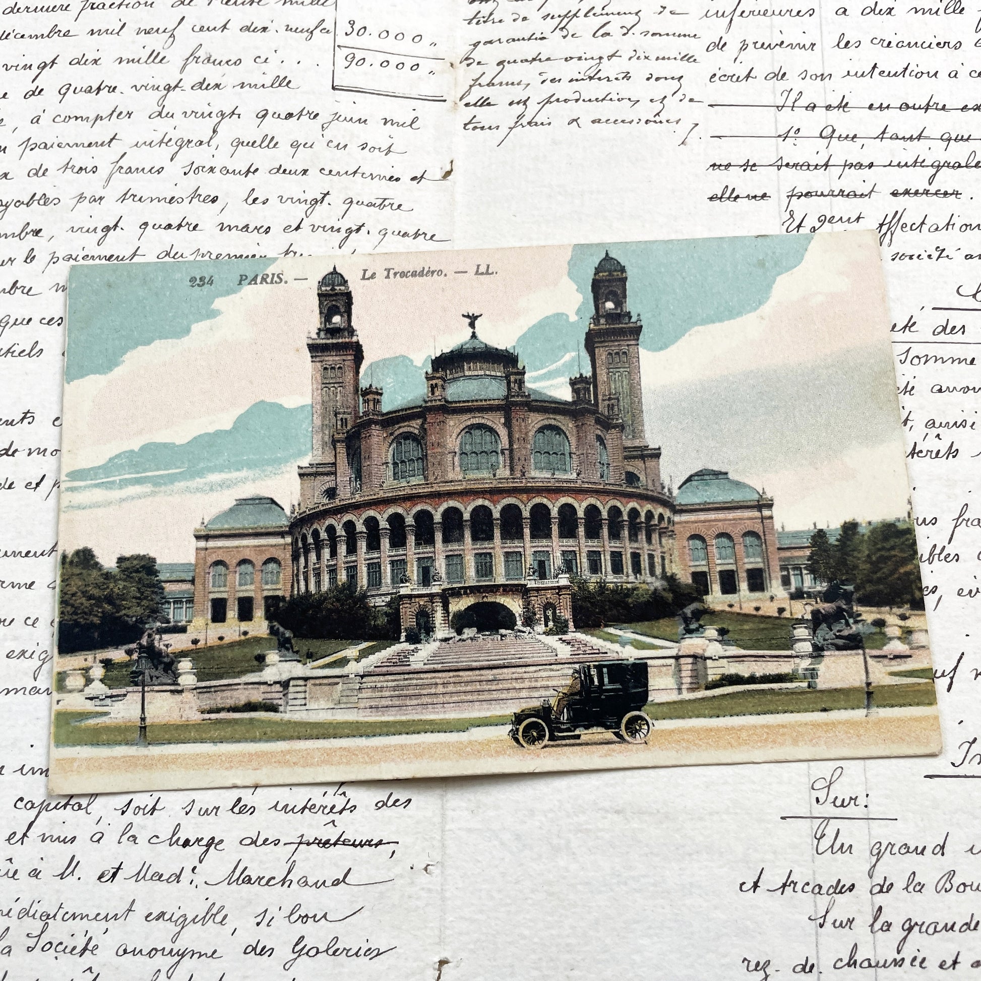 1910s - Historic Paris Trocadéro Palace Postcard - Vintage French Architecture - Belle Époque Automobile - Parisian Landmark Scene