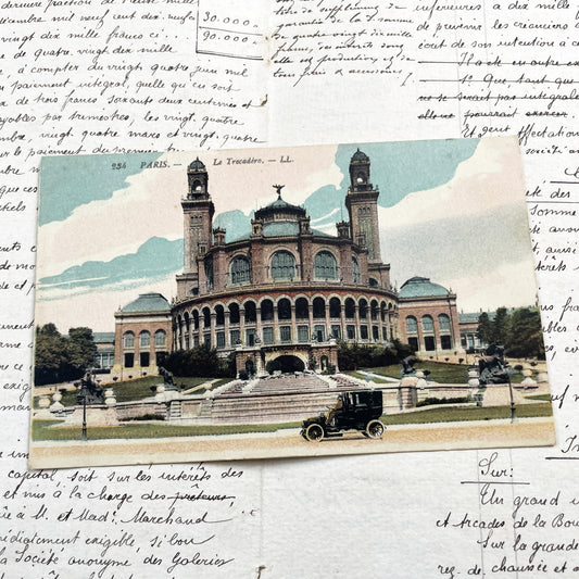 1910s - Historic Paris Trocadéro Palace Postcard - Vintage French Architecture - Belle Époque Automobile - Parisian Landmark Scene