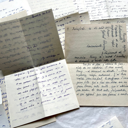 Set of 10 handwritten French letters from the 1950s, featuring various vintage paper and cursive script.