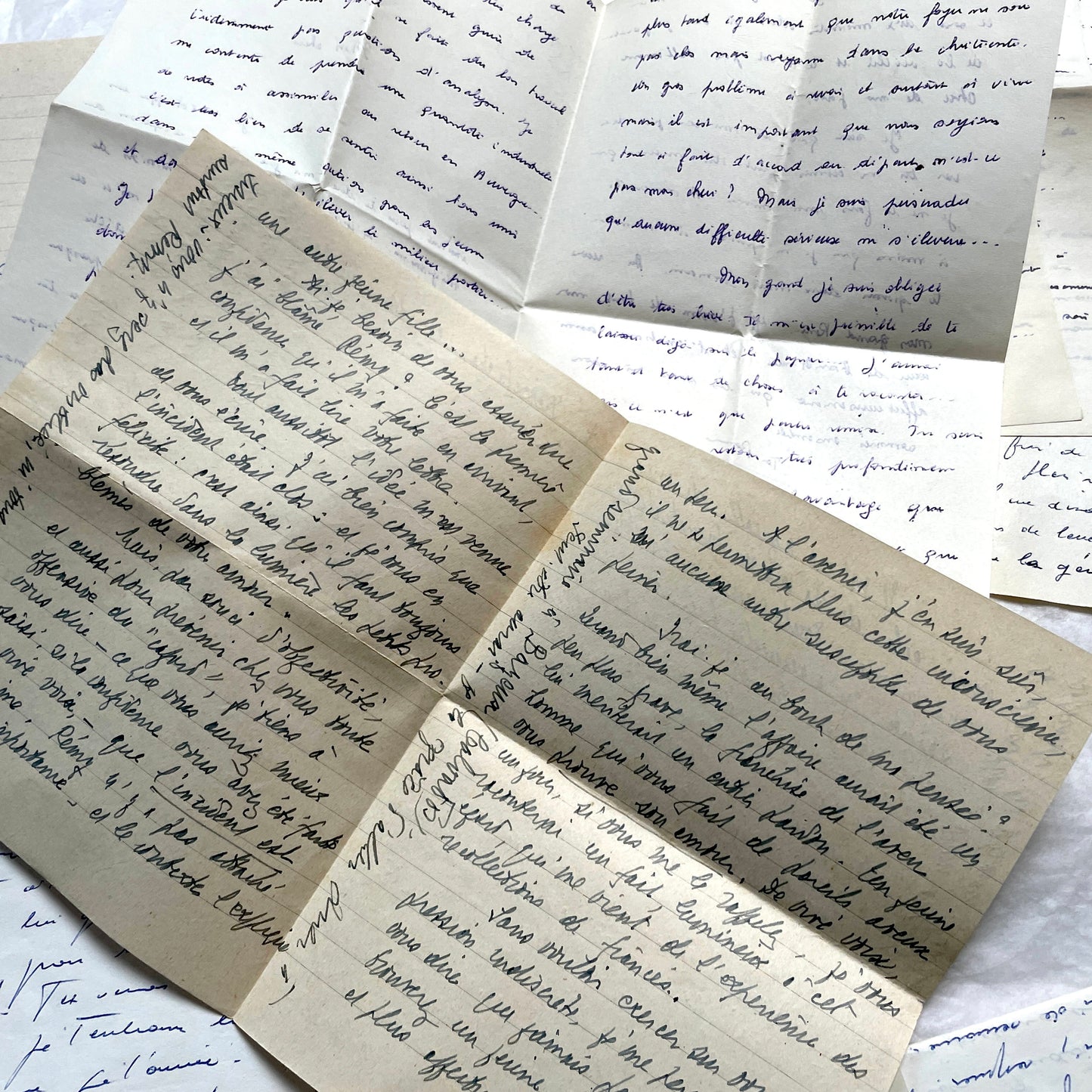 Set of 10 handwritten French letters from the 1950s, featuring various vintage paper and cursive script.