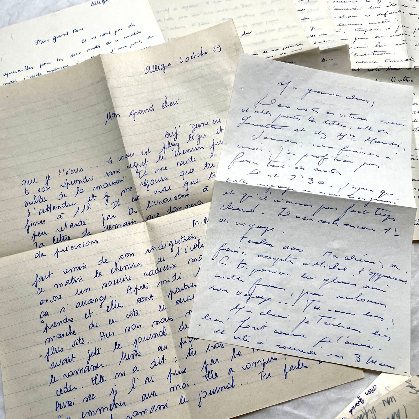 Set of 10 handwritten French letters from the 1950s, featuring various vintage paper and cursive script.