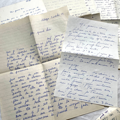 Set of 10 handwritten French letters from the 1950s, featuring various vintage paper and cursive script.