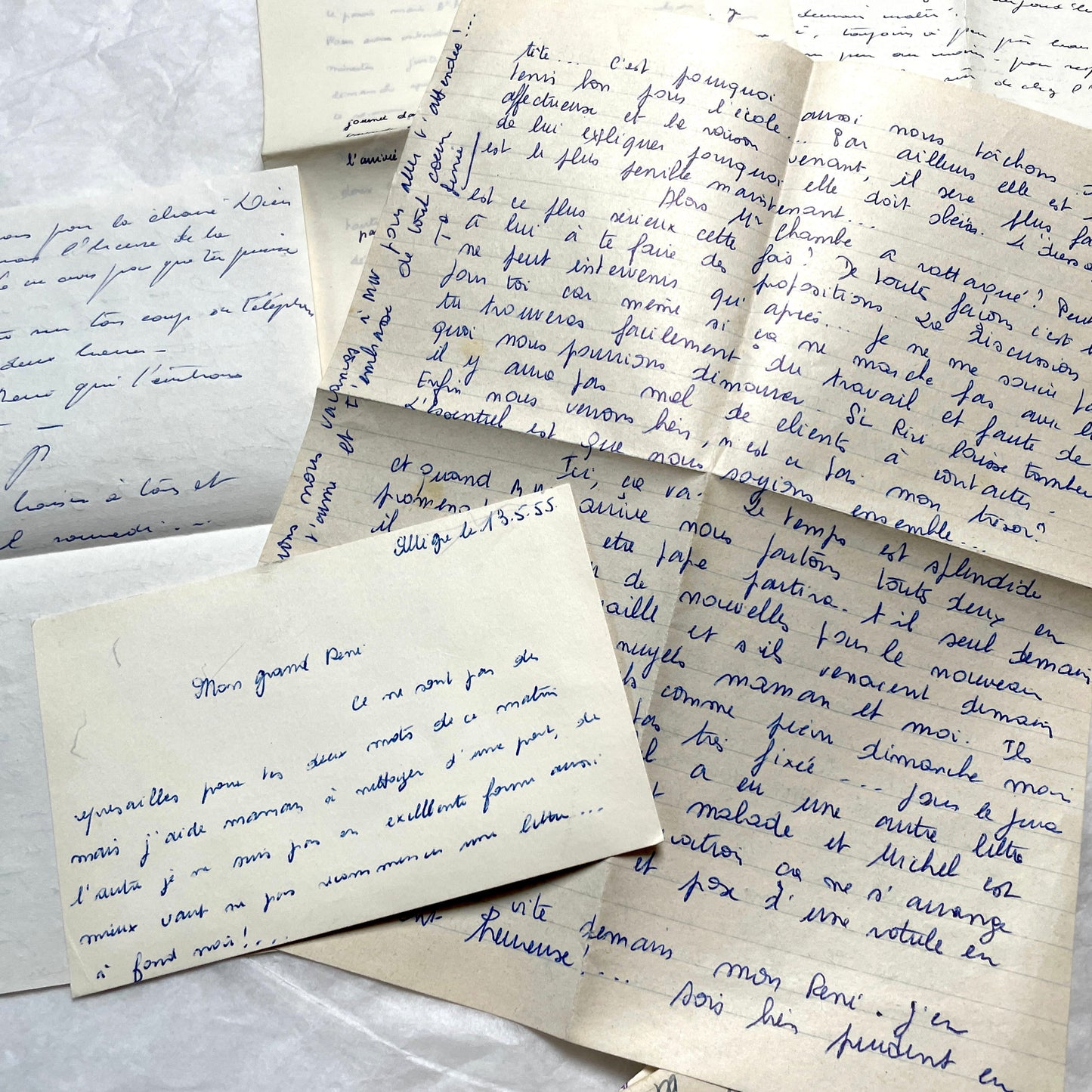 Set of 10 handwritten French letters from the 1950s, featuring various vintage paper and cursive script.