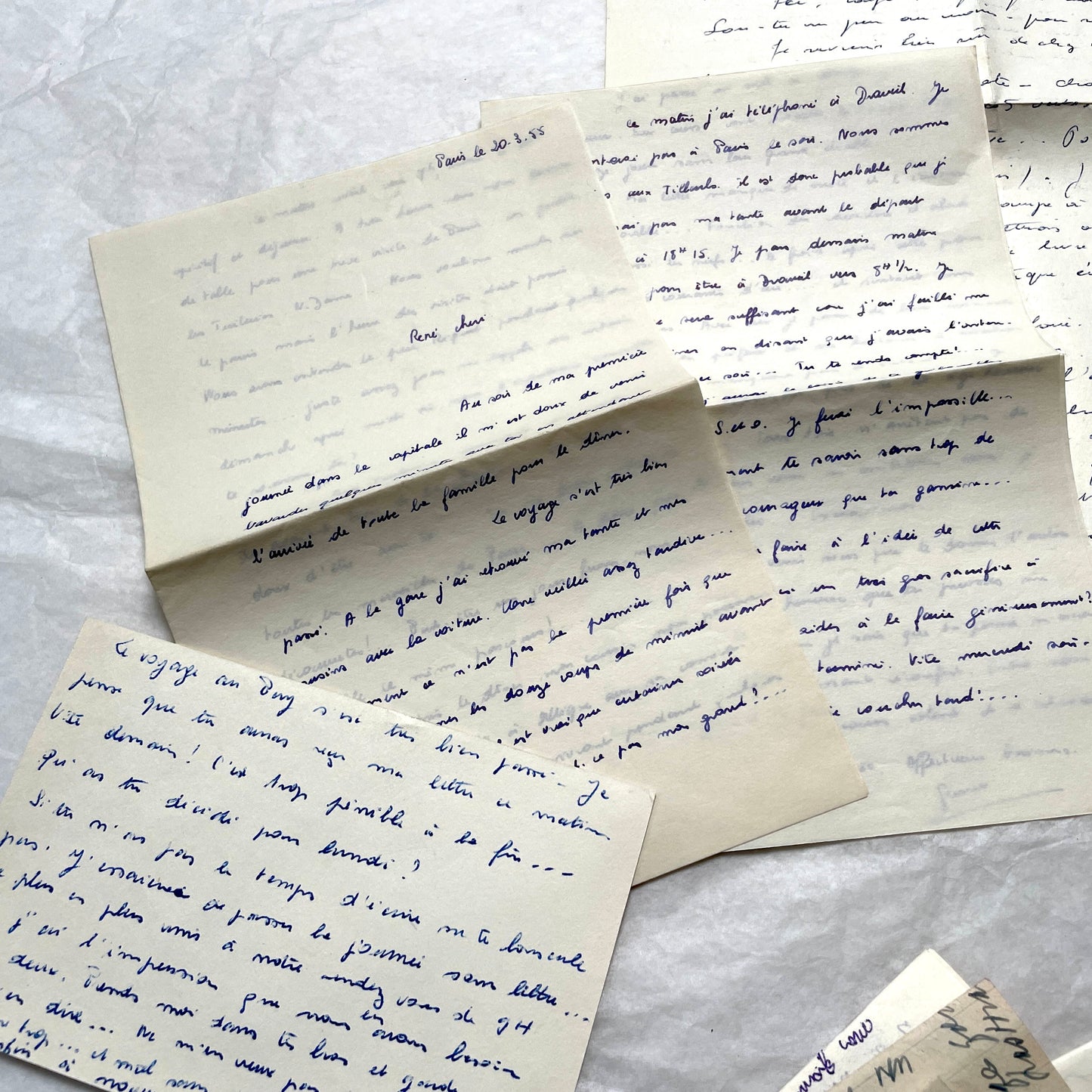 Set of 10 handwritten French letters from the 1950s, featuring various vintage paper and cursive script.