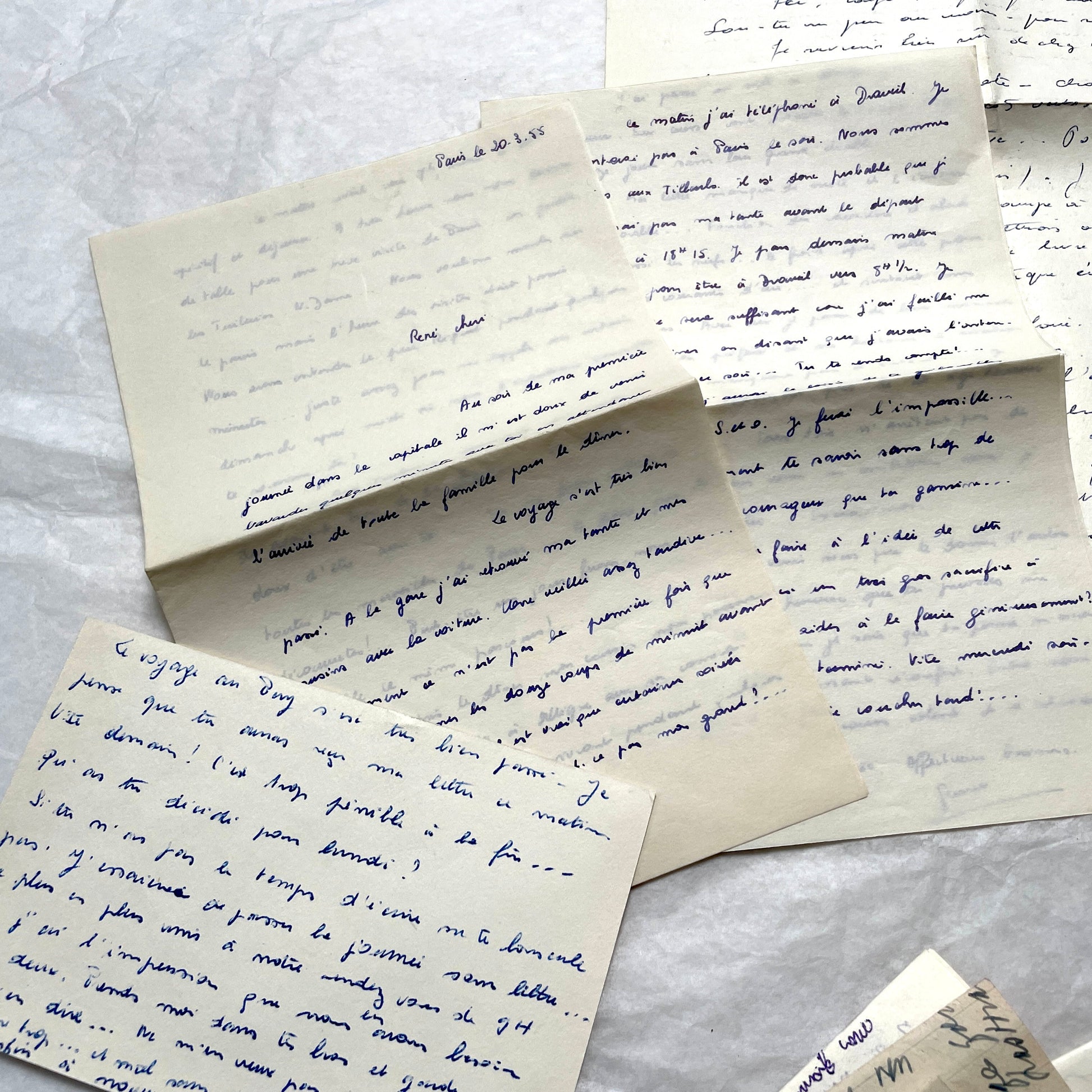 Set of 10 handwritten French letters from the 1950s, featuring various vintage paper and cursive script.