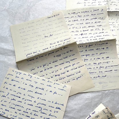 Set of 10 handwritten French letters from the 1950s, featuring various vintage paper and cursive script.