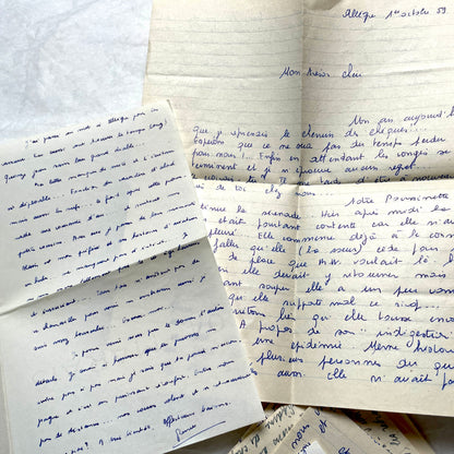 Set of 10 handwritten French letters from the 1950s, featuring various vintage paper and cursive script.