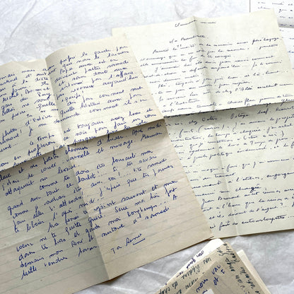 Set of 10 handwritten French letters from the 1950s, featuring various vintage paper and cursive script.