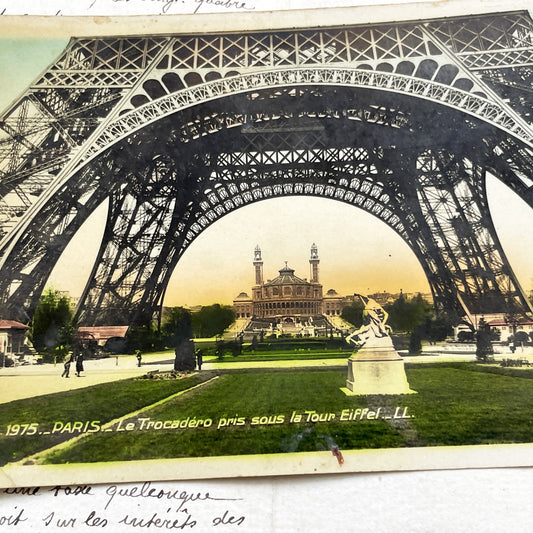 1910s - Vintage Paris Postcard - Eiffel Tower Trocadéro View - Hand Tinted French Architecture - Historic Collectible Ephemera