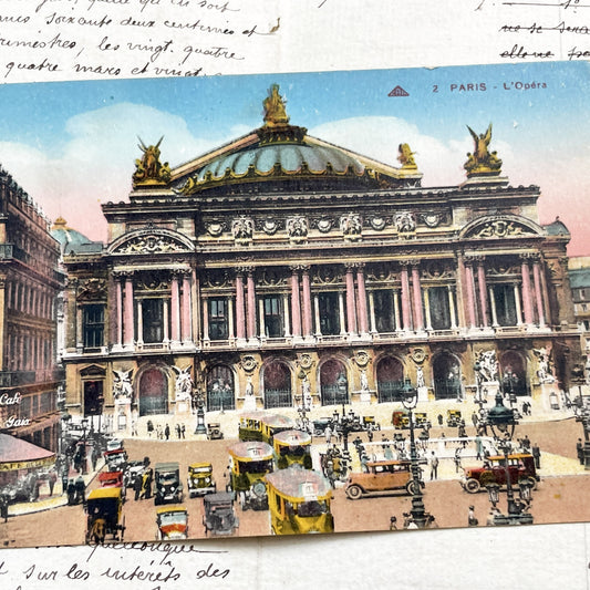 1920s - Vintage Paris Opéra Garnier Postcard - Bustling Edwardian Street Scene - Historic French Architecture - Antique Ephemera Collectible