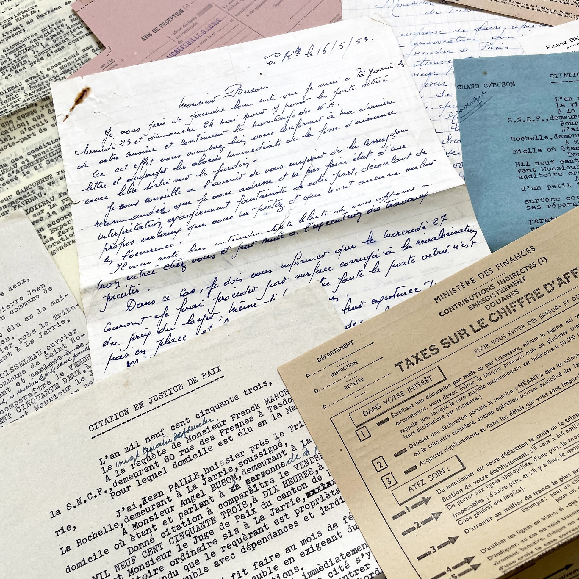 1950s - Vintage Ephemera Lot – French Letters, Invoices & Legal Documents from Notary Archive