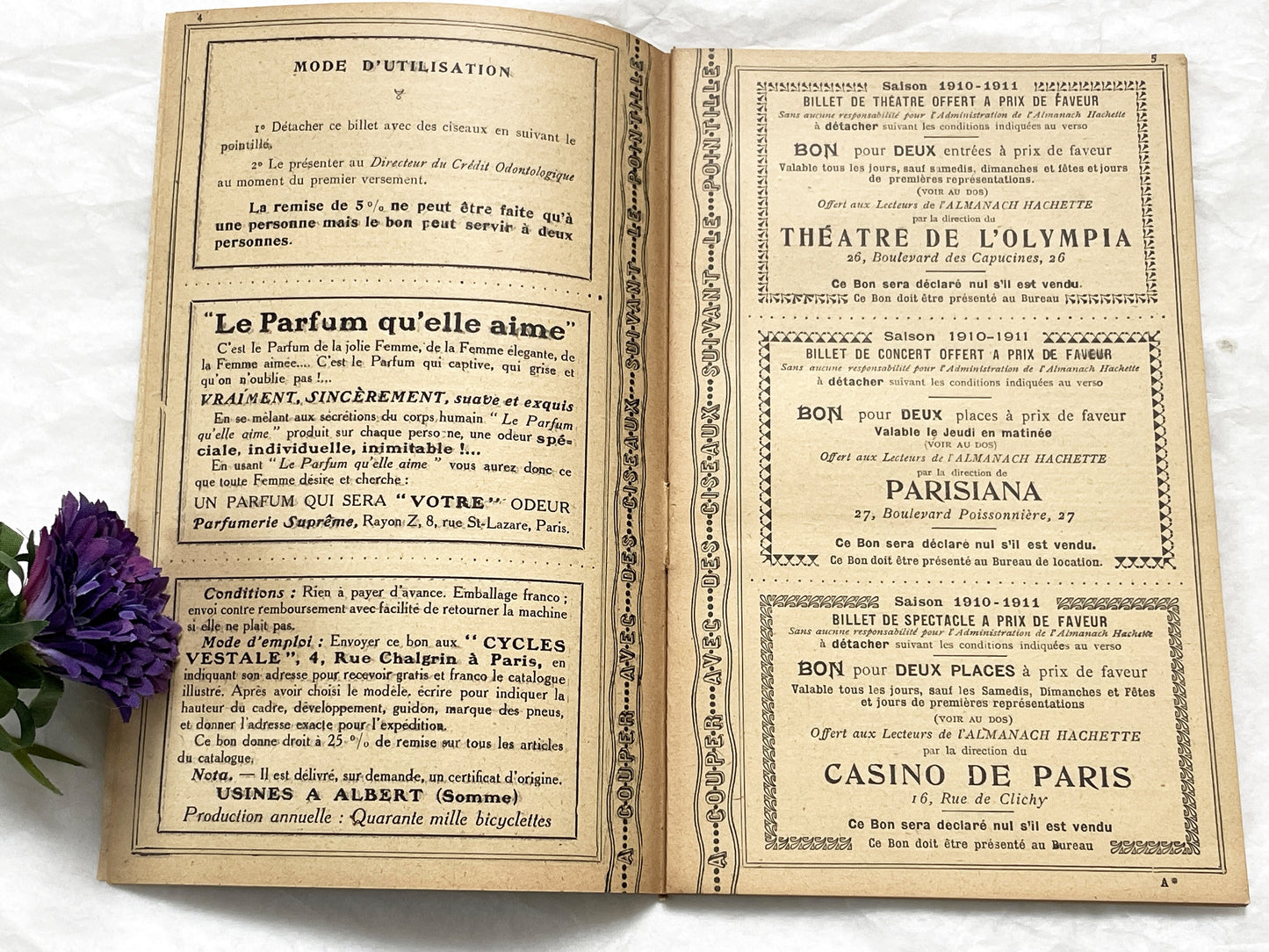 1910s - 42 pages Supplement to the Hachette Almanac – Theatre Ticket Booklet – Paris 1911