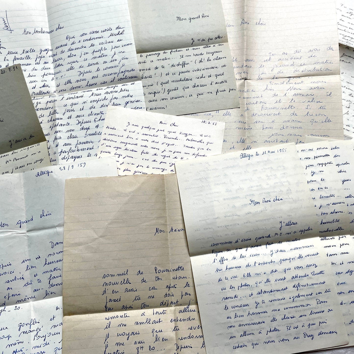 Set of 10 1950s French handwritten letters in cursive script. Vintage personal correspondence.