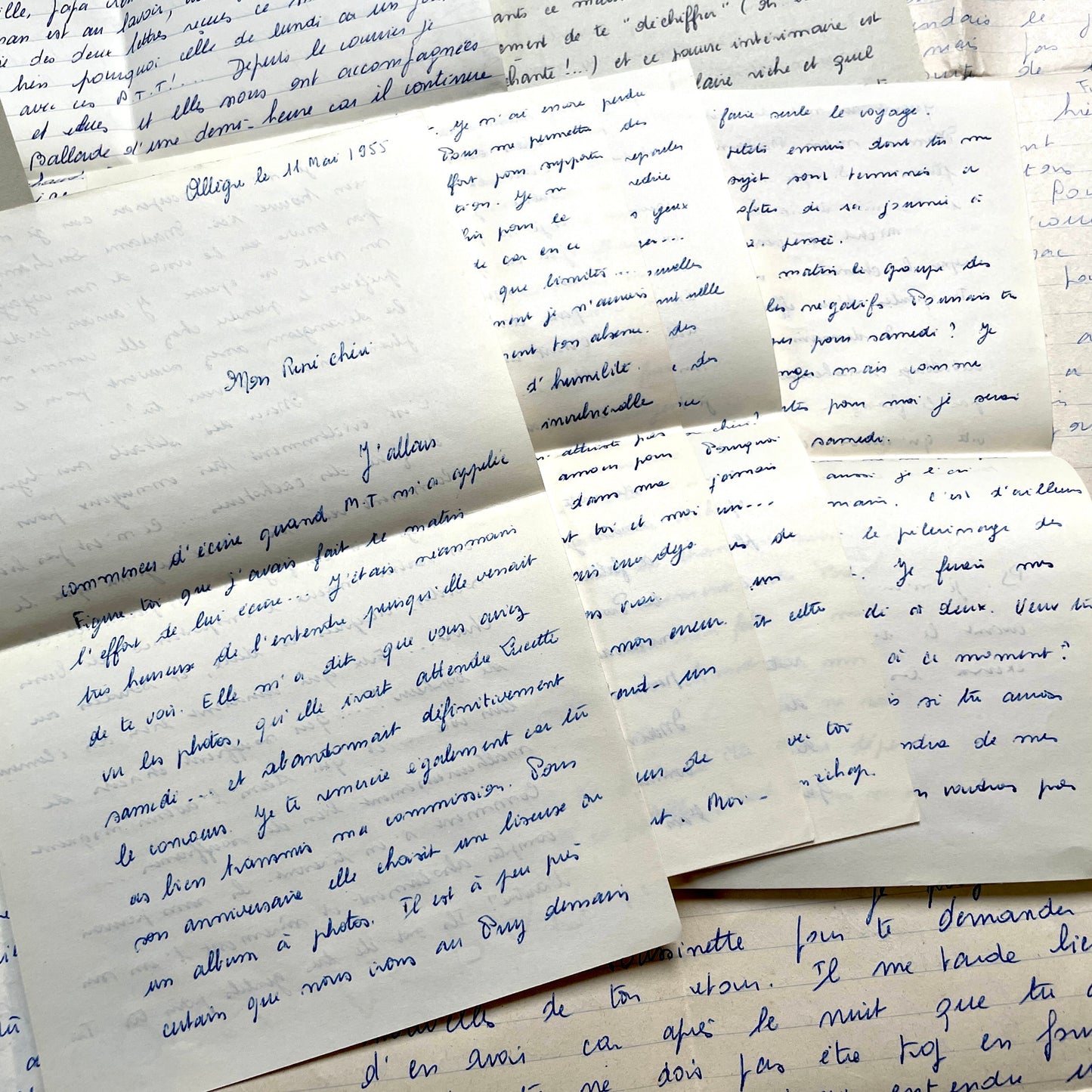 Set of 10 1950s French handwritten letters in cursive script. Vintage personal correspondence.
