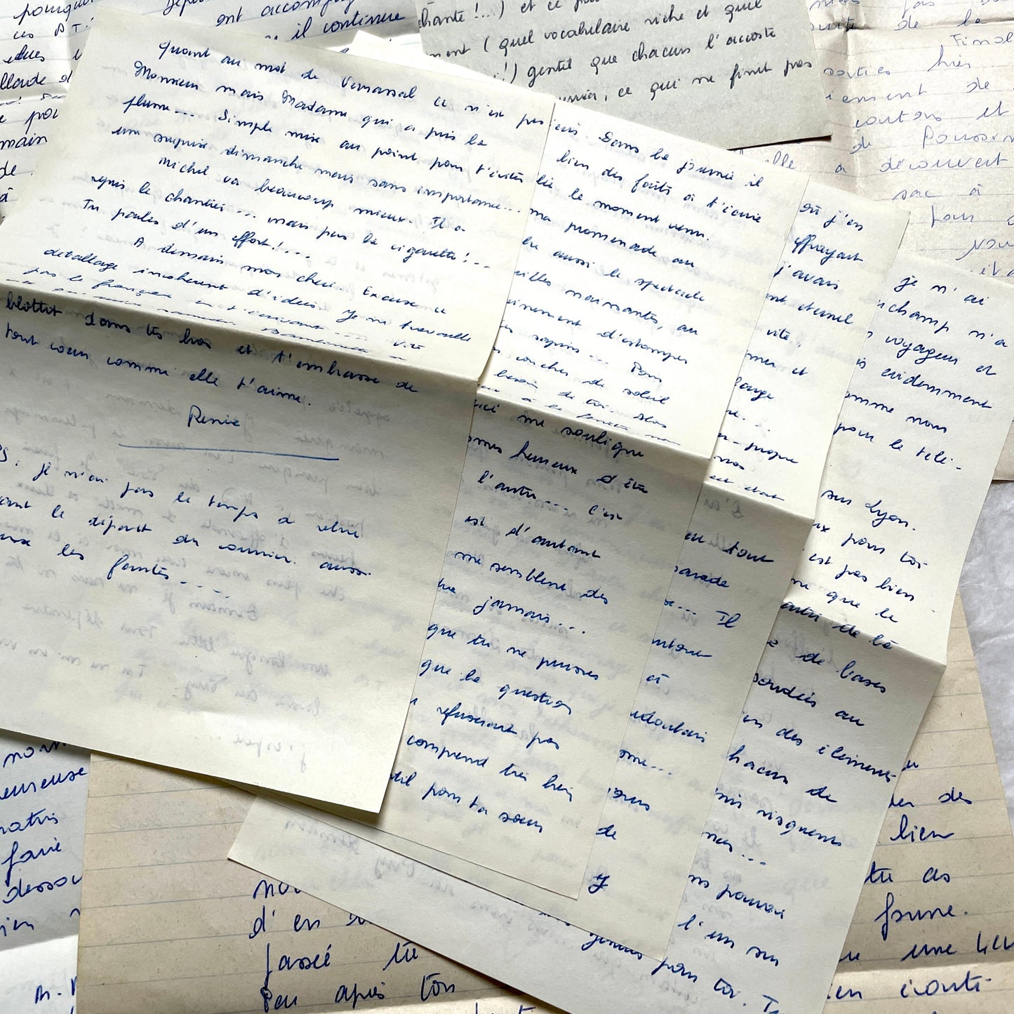 Set of 10 1950s French handwritten letters in cursive script. Vintage personal correspondence.