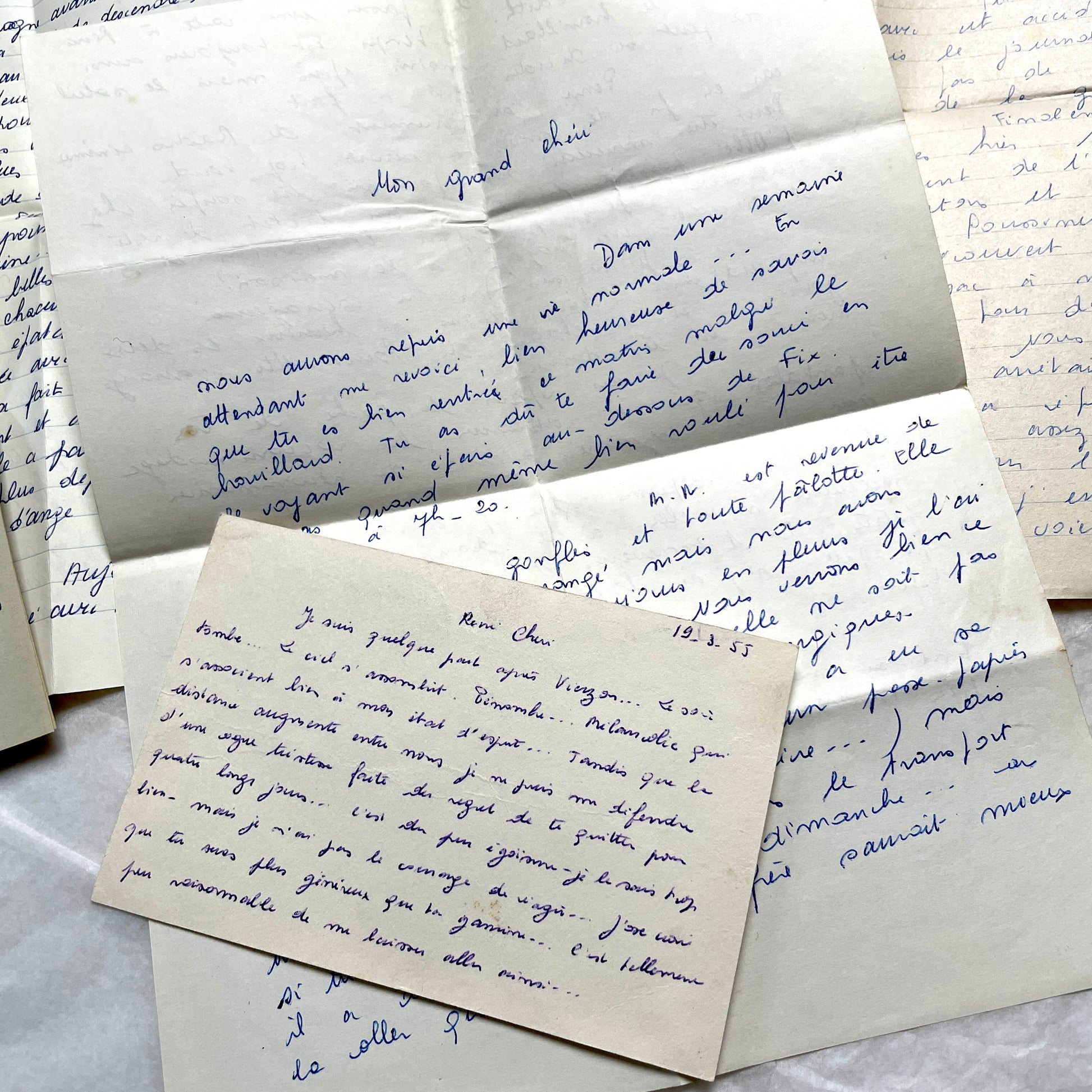 Set of 10 1950s French handwritten letters in cursive script. Vintage personal correspondence.