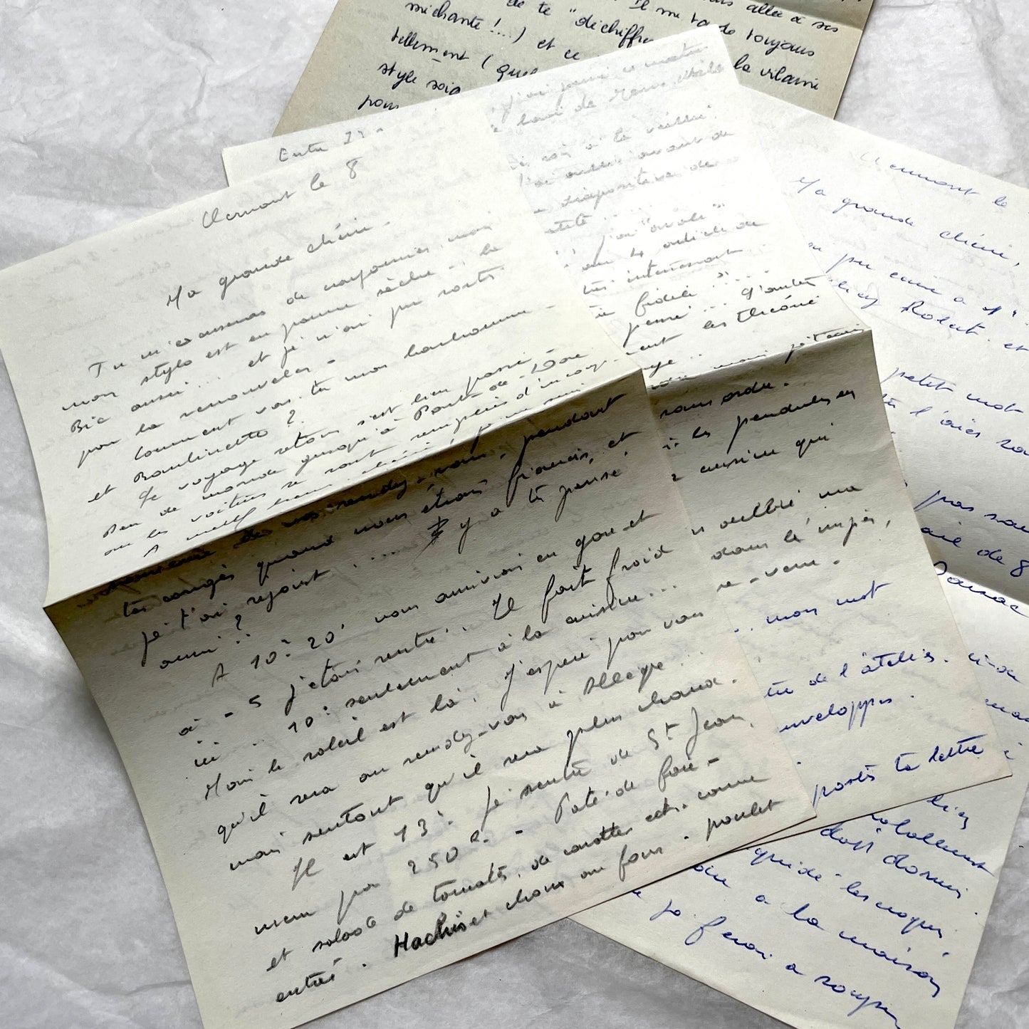 Set of 10 1950s French handwritten letters in cursive script. Vintage personal correspondence.