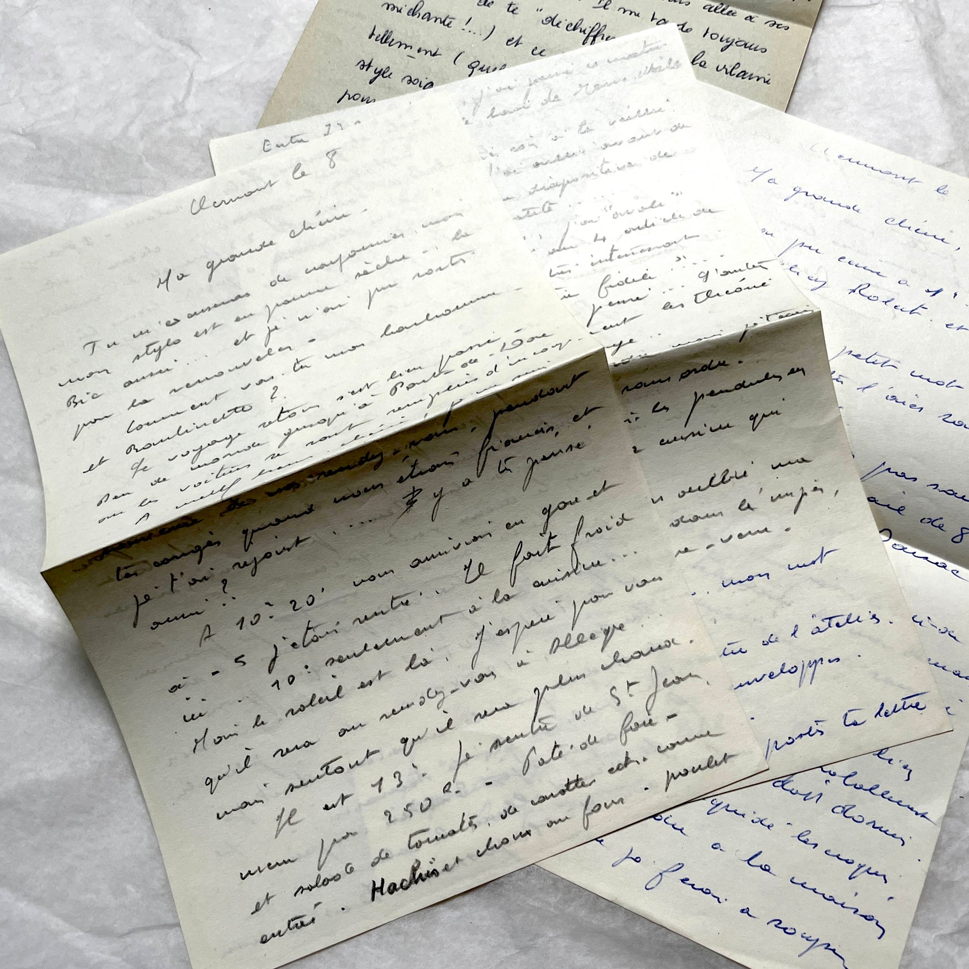 Set of 10 1950s French handwritten letters in cursive script. Vintage personal correspondence.