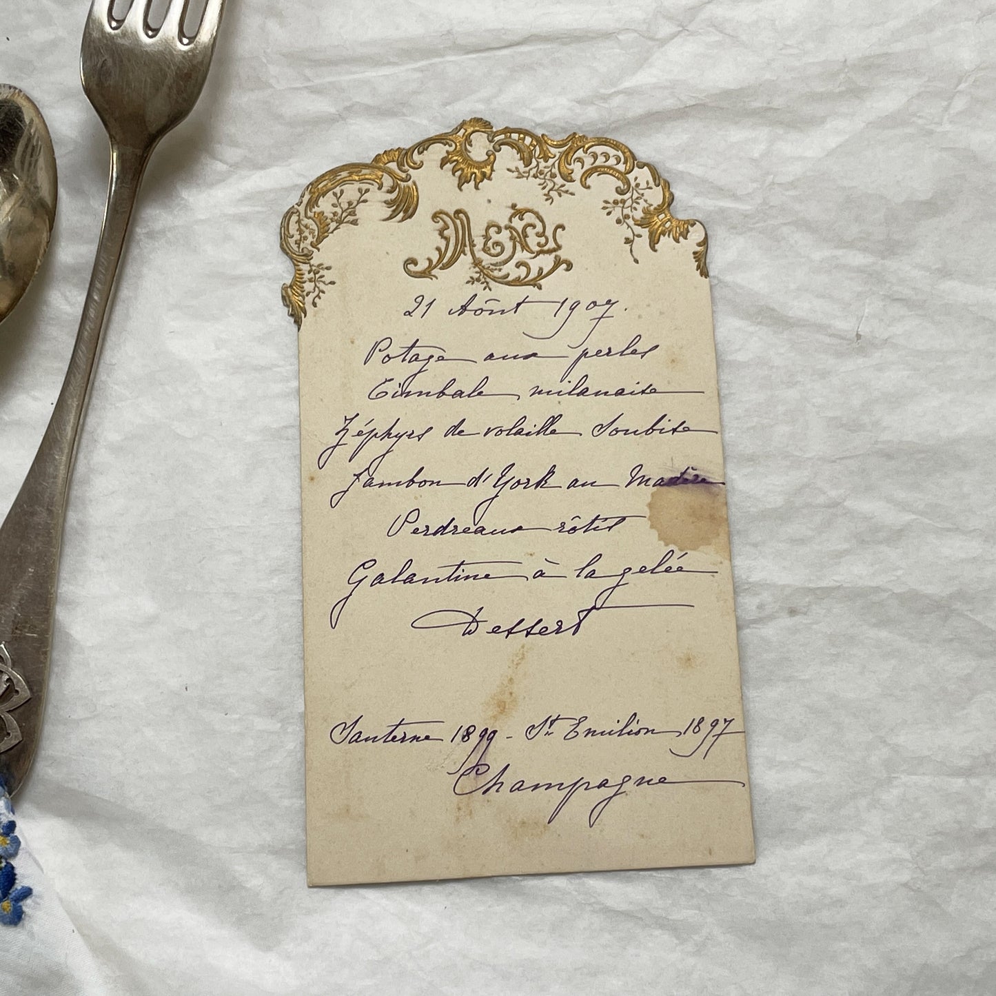 1900s - Ornate French Menu Card from 1907 - Elegant Hand-Written Dinner Selection - Vintage Culinary History Document
