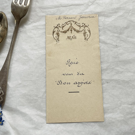 1900s - Vintage French Menu - Elegant Handwritten Meal Card - Monsieur Bernard Jeuvrin's Dinner - Historic Dining Experience