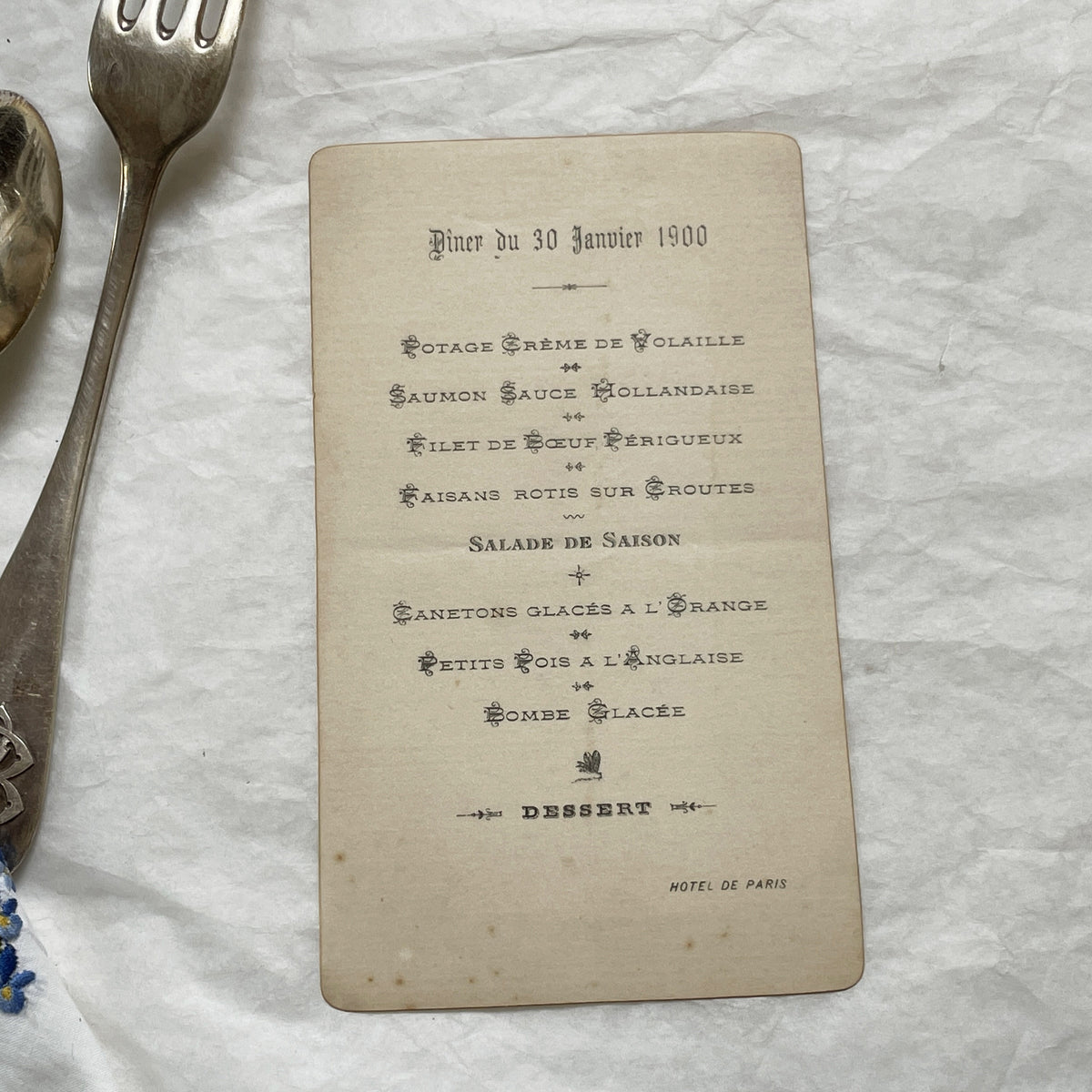 1900s - Vintage Hotel De Paris Dinner Menu - Classic French Cuisine - Exquisite Dining Experience from the Turn of the Century