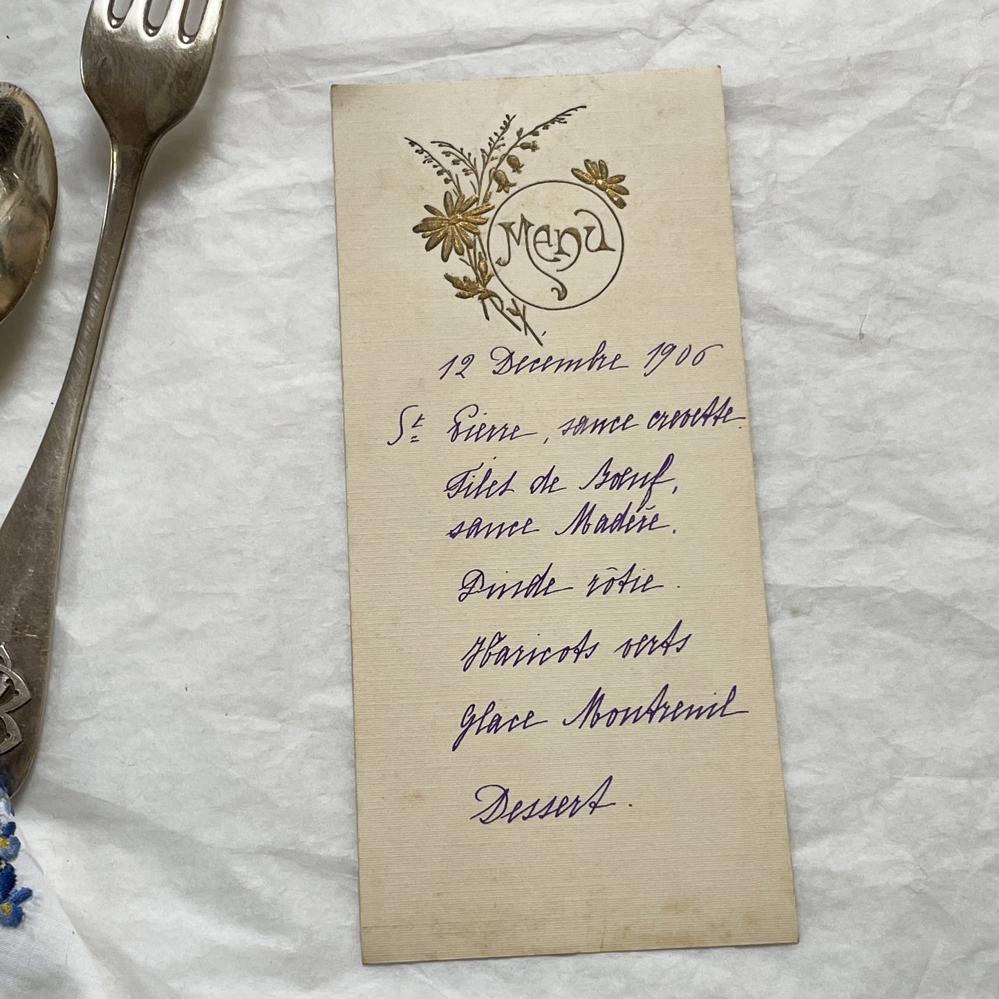 1900s - Vintage French Menu Card - Elegant 1906 Dinner Event - Historical Fine Dining Cuisine - Hand-Written Details - Special Occasion Meal