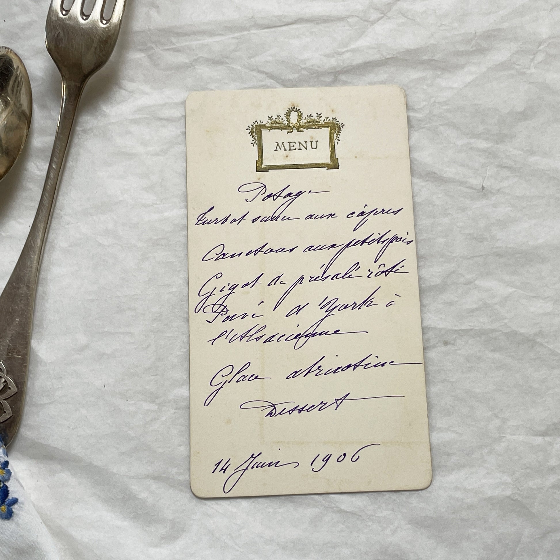 1900s - Vintage French Menu Card - Elegant Hand-Written Dinner Selection - Historical Gastronomy - June 14, 1906 Formal Meal Ephemera