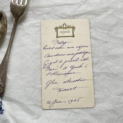 1900s - Vintage French Menu Card - Elegant Hand-Written Dinner Selection - Historical Gastronomy - June 14, 1906 Formal Meal Ephemera