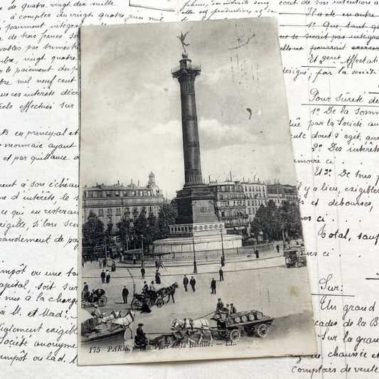 1910s - Vintage Paris Postcard - Place De La Bastille - July Column Genie De La Liberte Statue - Horse Drawn Carriages - French Memorabilia