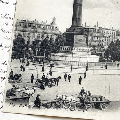 1910s - Vintage Paris Postcard - Place De La Bastille - July Column Genie De La Liberte Statue - Horse Drawn Carriages - French Memorabilia