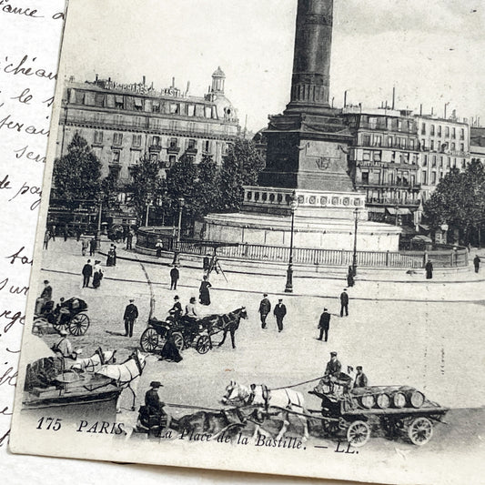 1910s - Vintage Paris Postcard - Place De La Bastille - July Column Genie De La Liberte Statue - Horse Drawn Carriages - French Memorabilia