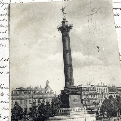1910s - Vintage Paris Postcard - Place De La Bastille - July Column Genie De La Liberte Statue - Horse Drawn Carriages - French Memorabilia