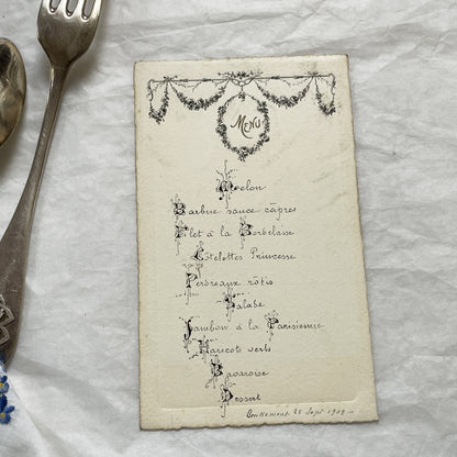 1900s - Exquisite French Menu - Hand-Written Elegant Dining Card - September 25, 1909 - Formal Meal Presentation