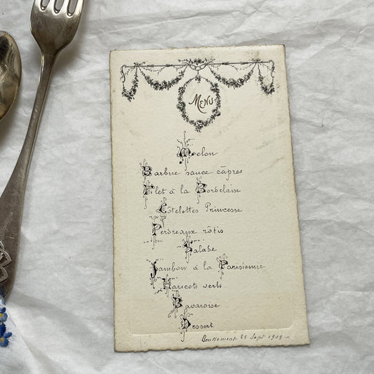 1900s - Exquisite French Menu - Hand-Written Elegant Dining Card - September 25, 1909 - Formal Meal Presentation
