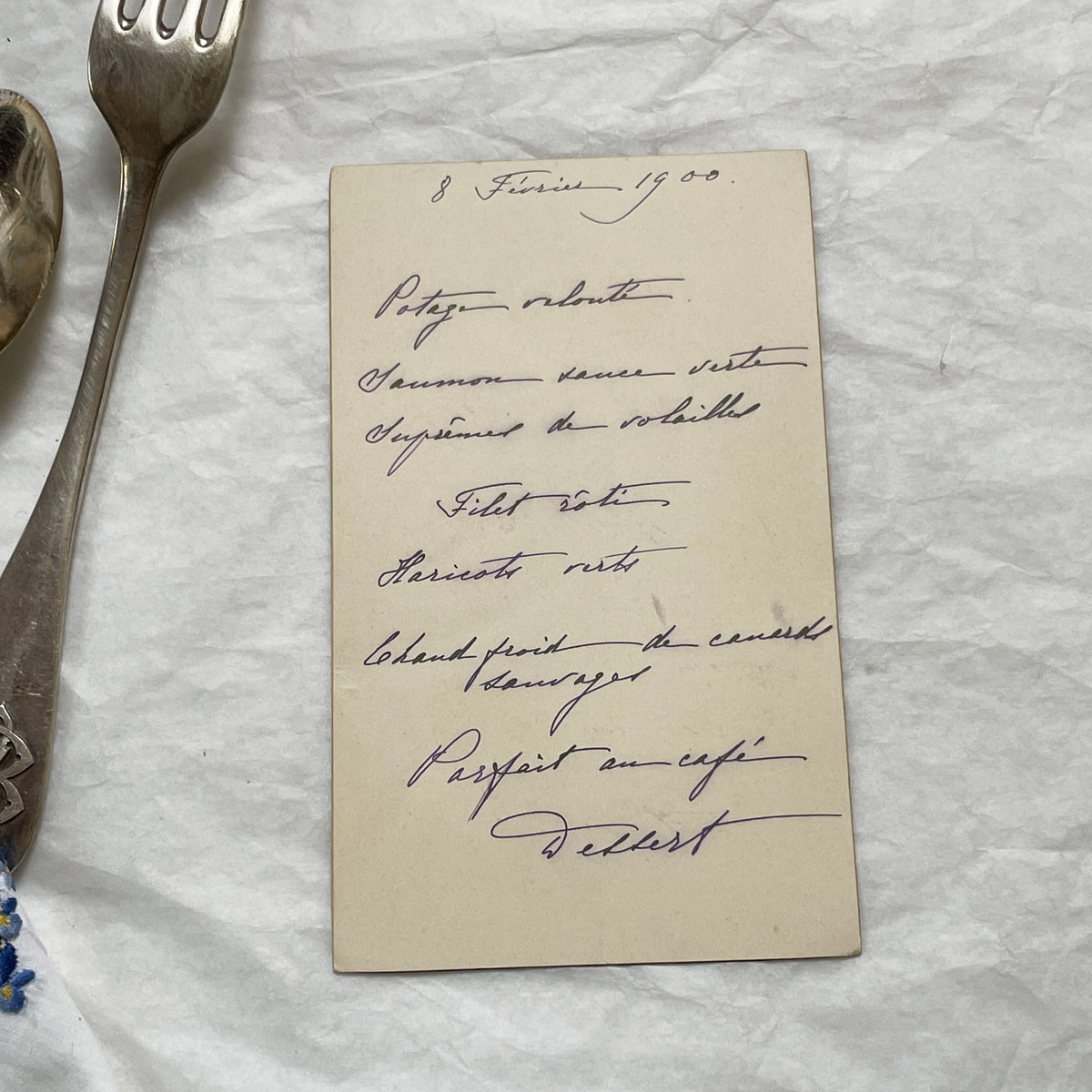 1900s - Elegant French Menu Card From February 8, 1900 - Handwritten Dinner Plan With Classic Edwardian Cuisine - Historic Meal Revelation