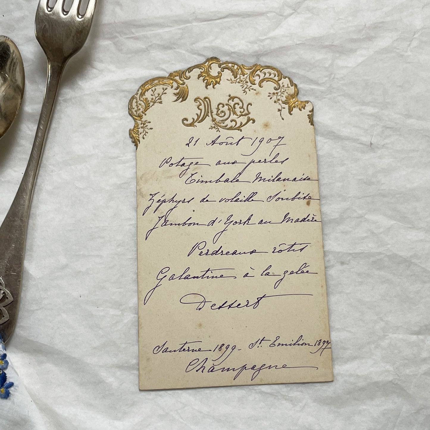 1900s - Exquisite Antique Handwritten French Menu Card from 1907 - Vintage Dining Experience - Historic Culinary Document - Fine Dining