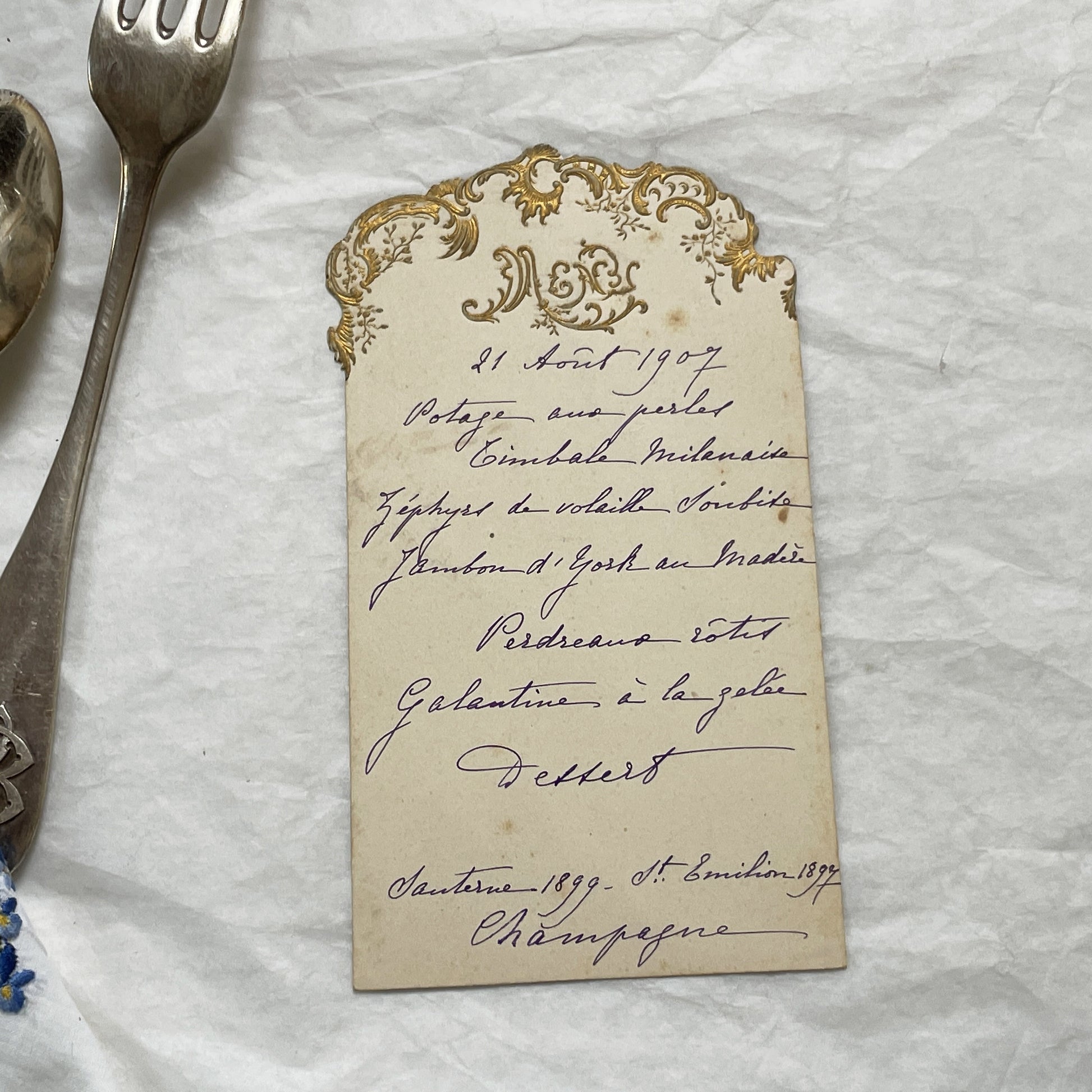 1900s - Exquisite Antique Handwritten French Menu Card from 1907 - Vintage Dining Experience - Historic Culinary Document - Fine Dining