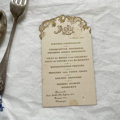 1900s - Elegant French Menu from 1907 - Ornate Gold Design - Classic Dinner Course - Historical Culinary Ephemera - Belle Époque Dining