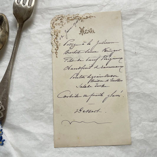 1900s - Antique French Menu Card - Elegant Handwritten Dinner Service Offering Gourmet Cuisine - June 12, 1901