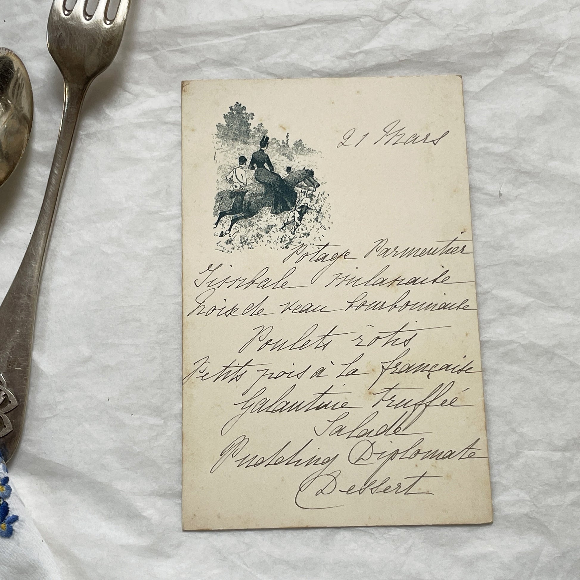1900s - Vintage French Menu Card with Elegant Handwritten Dinner Selections - Classic Cuisine - Equestrian Illustration - March 21st