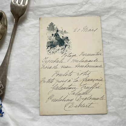 1900s - Vintage French Menu Card with Elegant Handwritten Dinner Selections - Classic Cuisine - Equestrian Illustration - March 21st