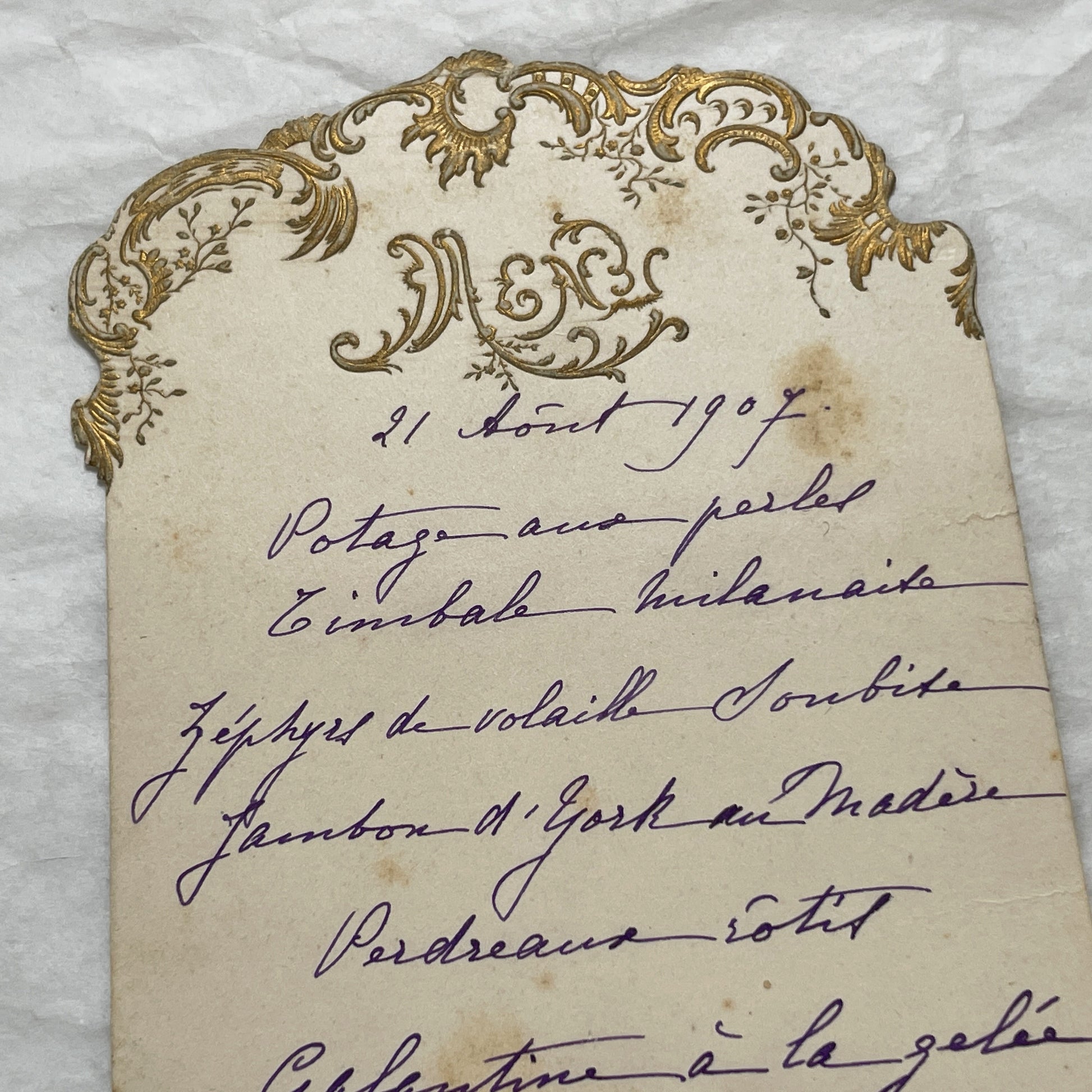 1900s - Elegant French Handwritten Menu Card - Gilded Antique Dinner Menu - Historic Gastronomy from 1907 - Vintage Memorabilia