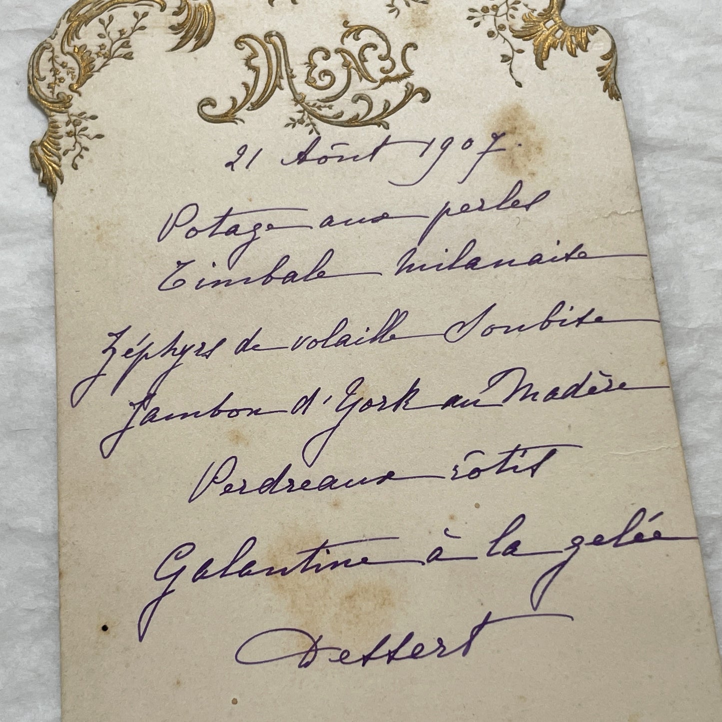 1900s - Elegant French Handwritten Menu Card - Gilded Antique Dinner Menu - Historic Gastronomy from 1907 - Vintage Memorabilia