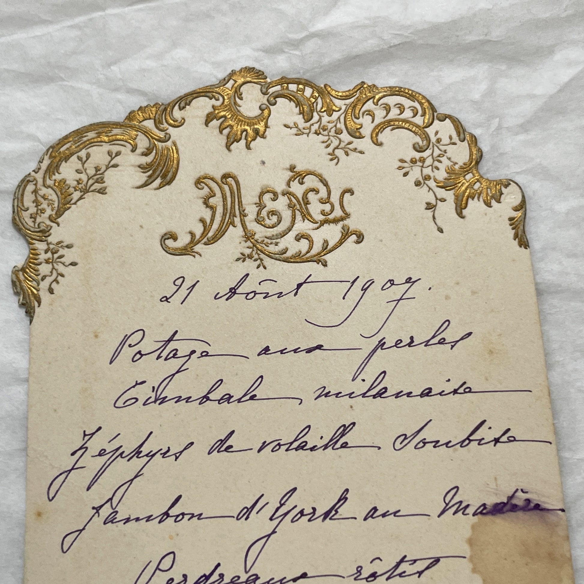 1900s - Ornate French Menu Card from 1907 - Elegant Hand-Written Dinner Selection - Vintage Culinary History Document
