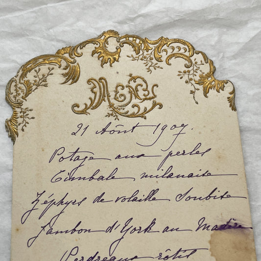 1900s - Ornate French Menu Card from 1907 - Elegant Hand-Written Dinner Selection - Vintage Culinary History Document