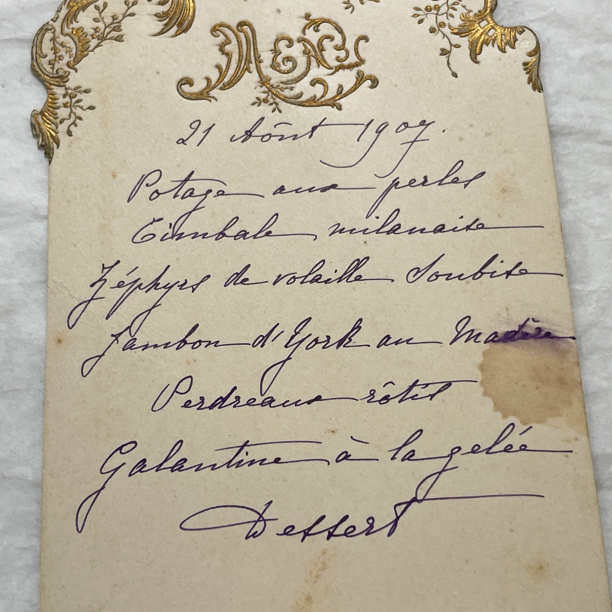 1900s - Ornate French Menu Card from 1907 - Elegant Hand-Written Dinner Selection - Vintage Culinary History Document