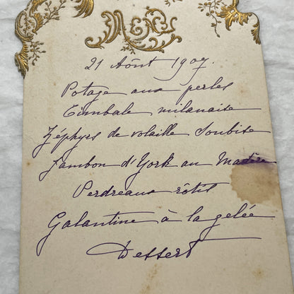 1900s - Ornate French Menu Card from 1907 - Elegant Hand-Written Dinner Selection - Vintage Culinary History Document