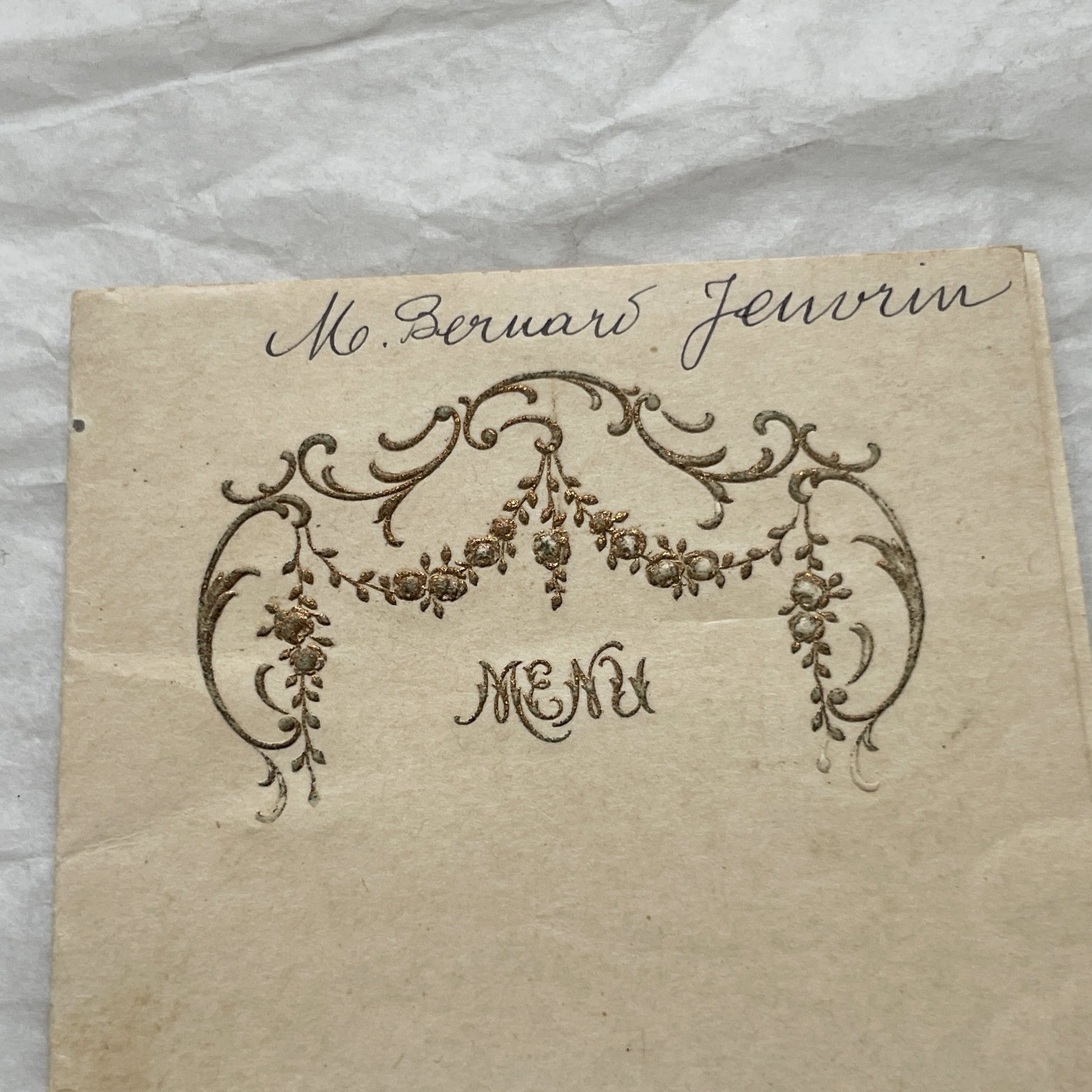 1900s - Vintage French Menu - Elegant Handwritten Meal Card - Monsieur Bernard Jeuvrin's Dinner - Historic Dining Experience