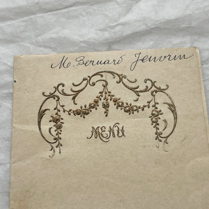 1900s - Vintage French Menu - Elegant Handwritten Meal Card - Monsieur Bernard Jeuvrin's Dinner - Historic Dining Experience