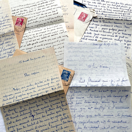 1950s French letters set with original envelopes, handwritten script, vintage stamps, and postmarks visible.